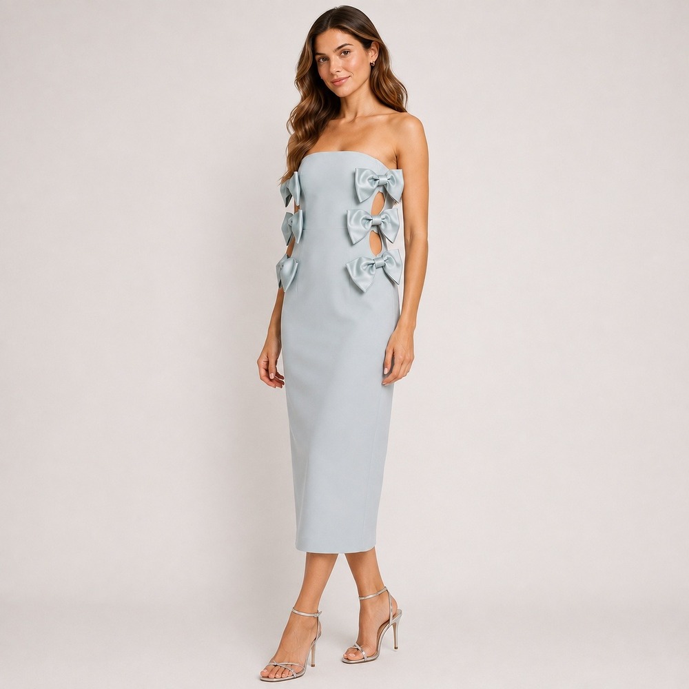 Zara Satin Effect Bow Coquette Light Blue Strapless Midi Dress Cutouts Gown Glam